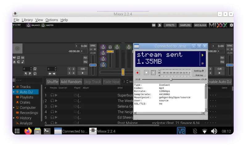 A screenshot of the mixing software Mixxx and butt (broadcast using this tool)